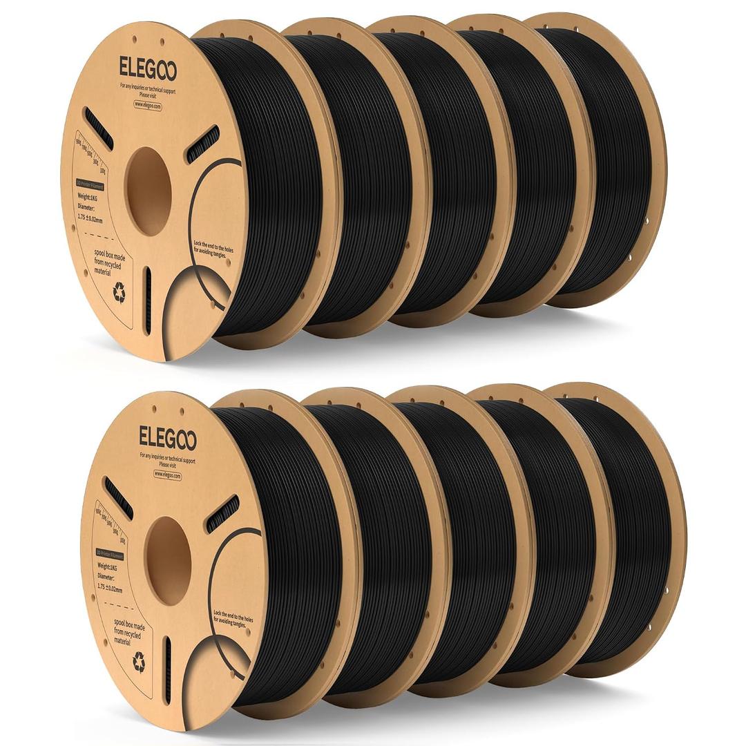 ELEGOO PLA Filament 1.75mm Black 10KG, 3D Printer Filament Bulk Dimensional Accuracy +/- 0.02mm, 10 Pack 1kg Cardboard Spool(2.2lbs) 3D Printing Filament Fits for Most FDM 3D Printers