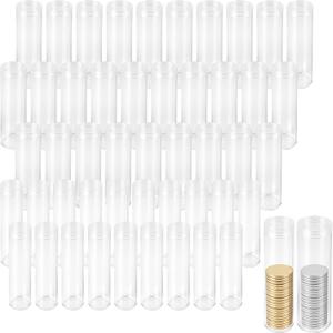 50 Pcs Plastic Coin Tubes, 2 Assorted Sizes Quarter Storage Tubes with Screw on Lid, Clear Coin Rolls Quarter Holders for Coins Collection Supplies