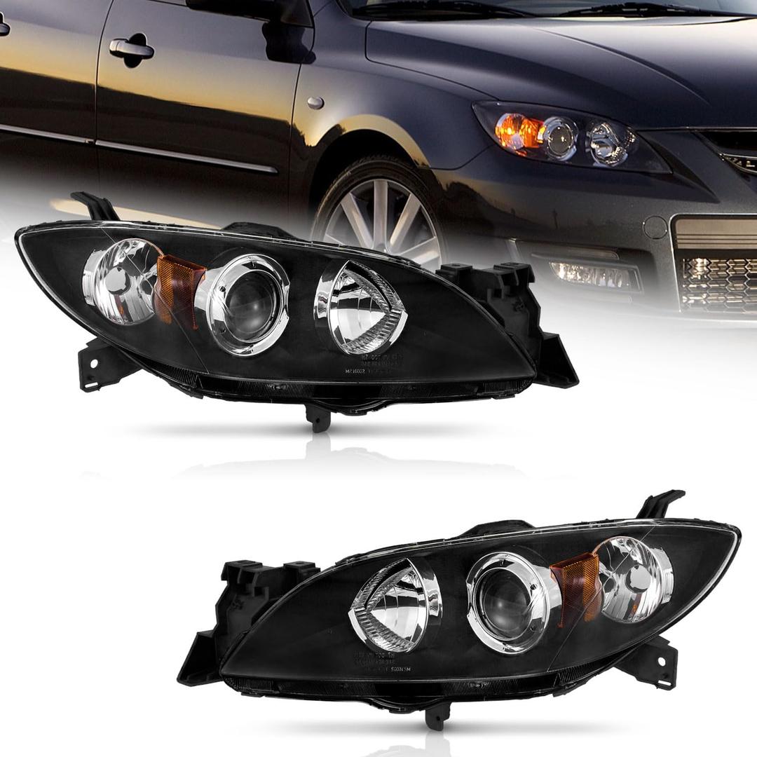 WEELMOTO for 2004-2009 Mazda 3 Sedan Headlight Assembly Replacement for 04-09 Mazda 3 Sedan 4Dr Projector Headlight Replacement Black Housing (Does NOT fit Factory HID Models or Hatchback Models)