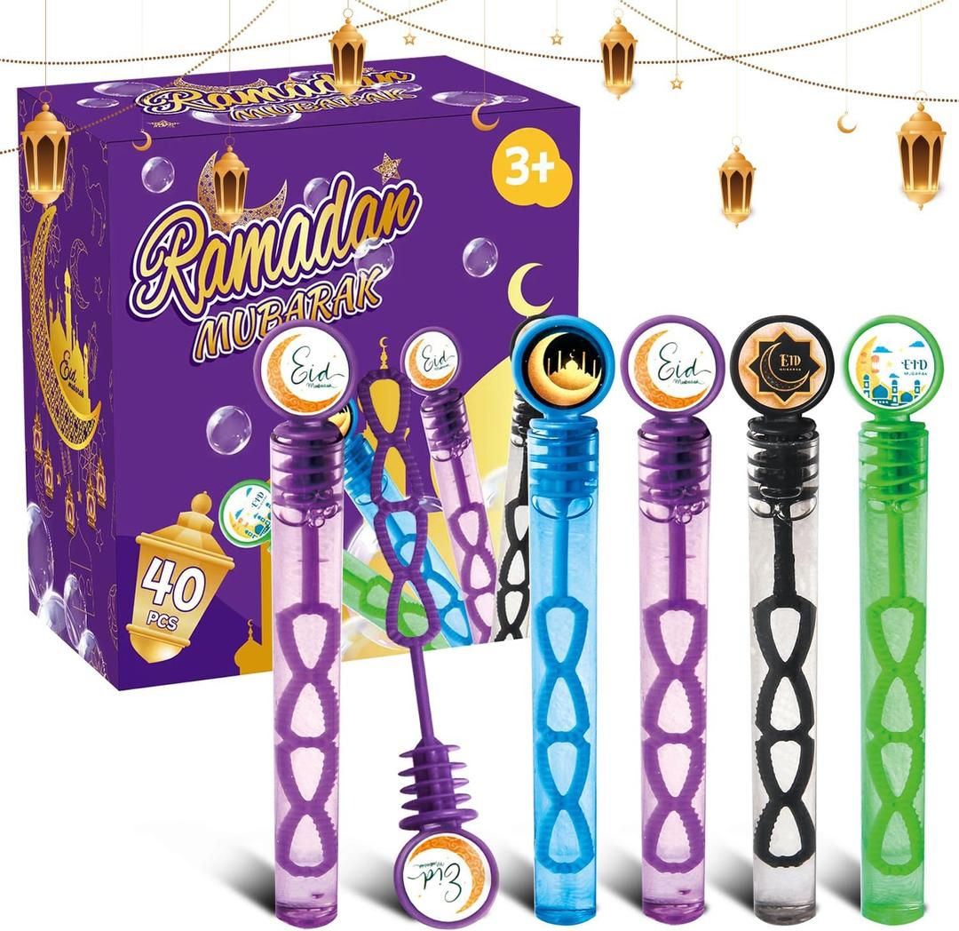 40Pcs Eid/Ramadan Mubarak Bubble Wands, Mini Bubble Wands for Eid Party Favors, Islamic Gift Toys for Girls Boys Kids Toddler Adults, Party Bag Stuffers Goodie Bag Filler, Classroom Prizes