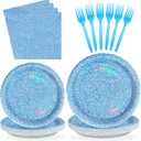 96 PCS Blue Party Supplies 350 GSM Holographic Rainbow Blue Plates and Napkins Tableware Set Iridescent Blue Party Decorations for Winter Birthday Party Wedding Anniversary Bridal Baby Shower Serve 24