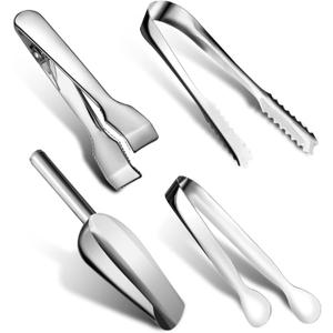 Sieral 4 Pieces Silver Ice Tongs and Scoops for Ice Bucket Stainless Steel Versatile Serving Tongs with Teeth Shovel Scoop for Christmas Party Supply Gift Freezer Kitchen Food Buffet Cocktail Bar BBQ