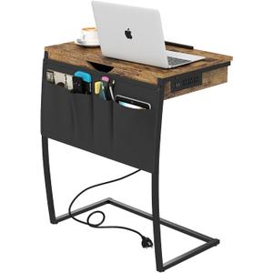 Hadulcet C Shaped End Table - Couch Table that Slide Under, TV Tray Table for Eating, Laptop Desk for Couch with Charging Station, Storage Drawer & Tiltable Desktop, Rustic Brown (28.5")