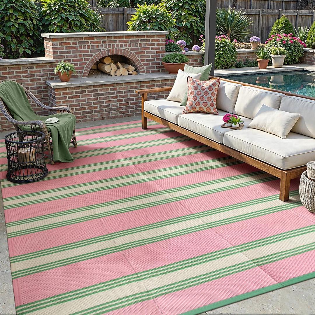 Lahome Striped Outdoor Rug 8x10 Patio Waterproof, Reversible Outdoor Plastic Straw Rug for Camping, RV Patio Rugs Outside Large Carpet for Porch Deck Backyard Picnic(Pink/Green,8'x 10')