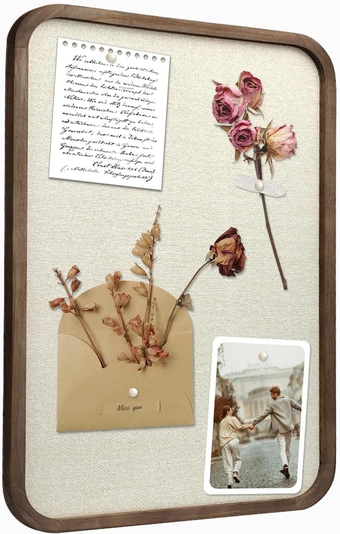 Linen Bulletin Board, Pin Board for Walls, Fabric Bulletin Board, 17.7"x23.6" Pin Board for Home Kitchen Office Decorative, Brown Wood Frame Cork Board(BN-4560)