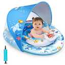 Baby Pool Float with Canopy,120° Adjustable UPF50+ Protection,Anti-Tip Safety Seat,Inflatable Toddler Floaties Infant Swim Ring,Thick PVC Pool Float with Animal Pool Toys,Beach Essentials for 3-36M