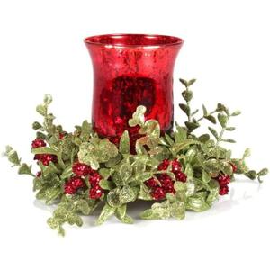 Ganz Kissing Krystals Small Red Mecury Glass Hurrican Candle Holder and Mistletoe Set