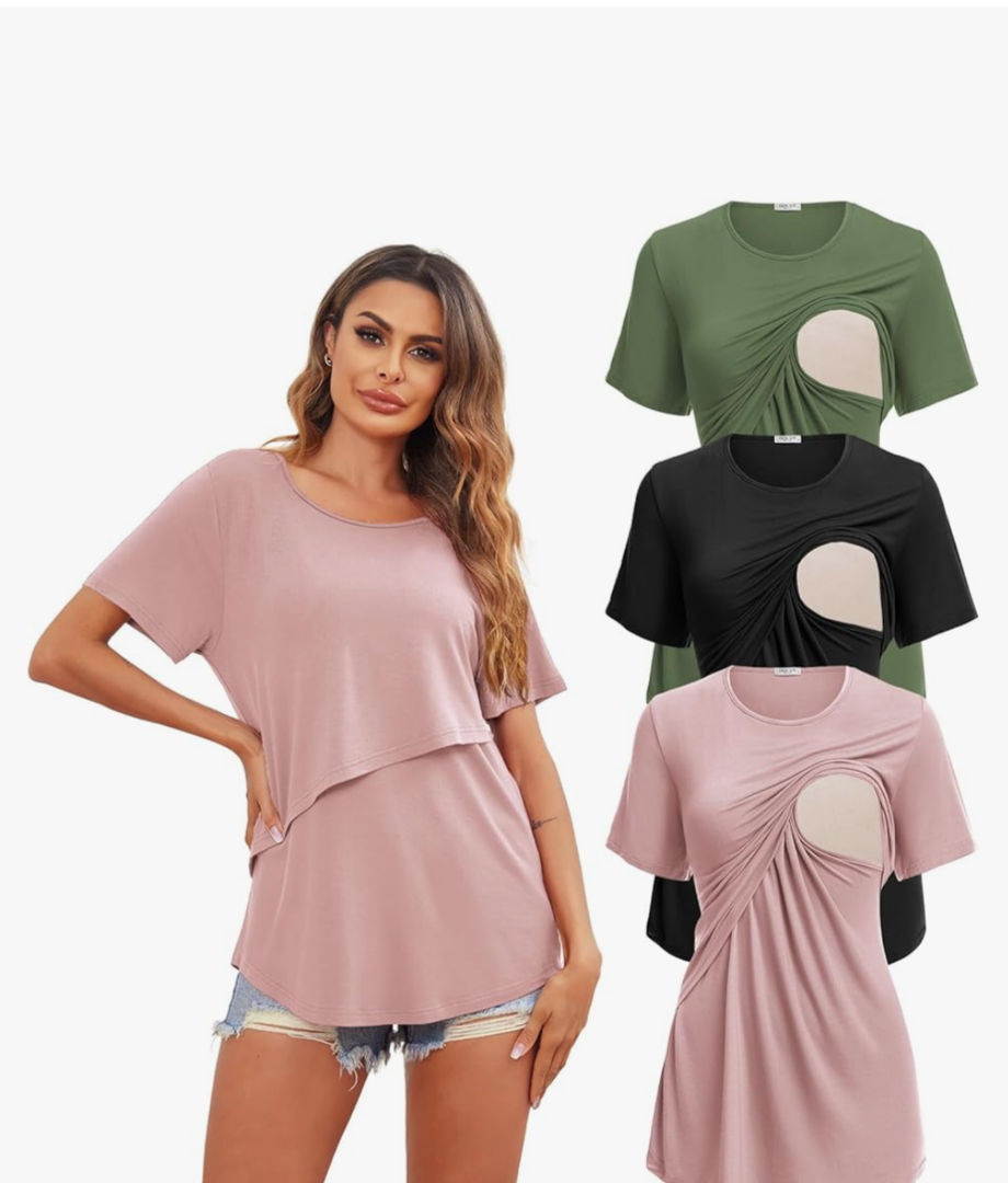 Ekouaer Women's Maternity Shirts Short Sleeves Nursing Tops 3 Pack Double Laye Breastfeeding Tees Pregnancy Clothes L.