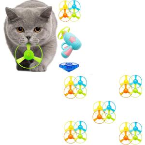 Cat Fetch Toy, Interactive Flying Cat Toy with 1 Light Up Spinning Tops, 1 LED Flying Propellers and 24 Flying Propellers, Dog Cat Kitten Tracks Toy for Training Hunting Chasing(Blue)
