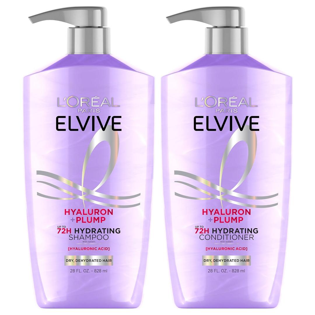 L'Oreal Paris Elvive Hyaluron Plump Shampoo and Conditioner Set for Dehydrated, Dry Hair with Hyaluronic Acid Care Complex, 1 Kit (2 Products)