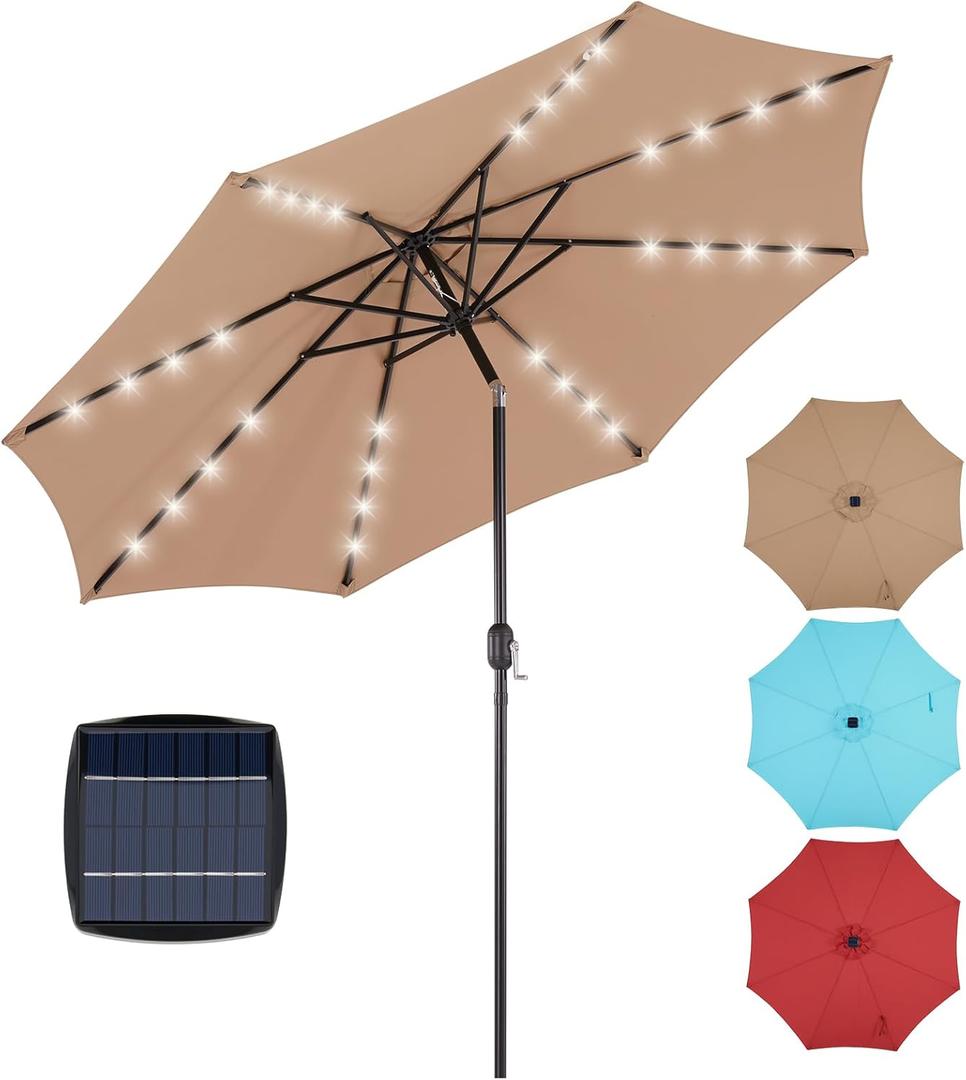 OLIXIS 10FT Solar Patio Umbrella with Lights, Tilt and Crank Button, 8 Sturdy Ribs Waterproof, 32 LED Patio Table Umbrellas Sun Shade for Poolside, Terrace, Beach and Outdoor Restaurant, Khaki (Brown) OLIXIS 10FT Solar Patio Umbrella with Lights, Tilt and Crank Button, 8 Sturdy Ribs Waterproof, 32 LED Patio Table Umbrellas Sun Shade for Poolside, Terrace, Beach and Outdoor Restaurant, Khaki (Brown)