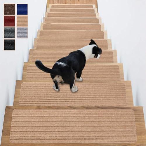 Antdle Stair Treads Non-Slip 16 Pack 8"x30" - Carpet Stair Runner for Indoor Wooden Steps with TPE Backing & Anti-Skid Surface, Reusable Adhesive Safety Rug for Kids/Elder/Pet Home - Cornstalk