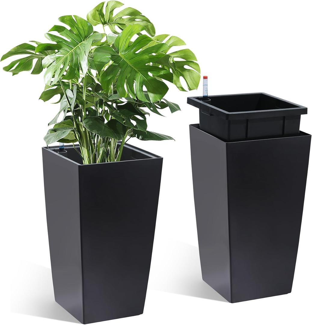 GarveeLife 16 in Tall Planters Set of 2, OutdoorIndoor Black Planter Pots, High Front Porch Planter Pots with Drainage HolesWater Level MonitorInner Bucket, Automatic Watering,Black
