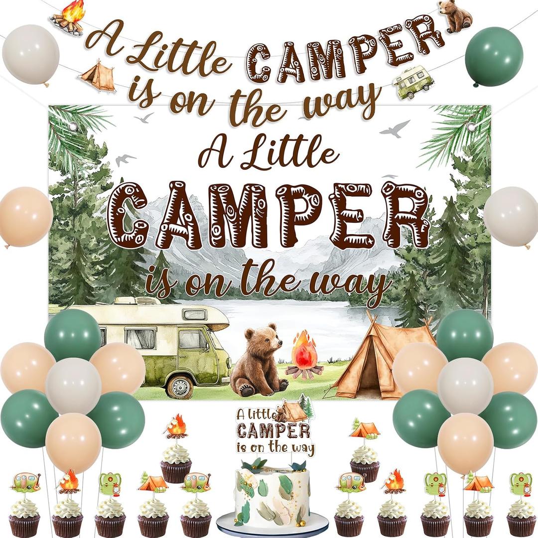 Jollyboom Camping Baby Shower Decorations, a Little Camper Is On The Way Backdrop Banner Cake Cupcake Toppers Balloons for Smore Welcome Baby Gender Reveal Pregnancy Gift