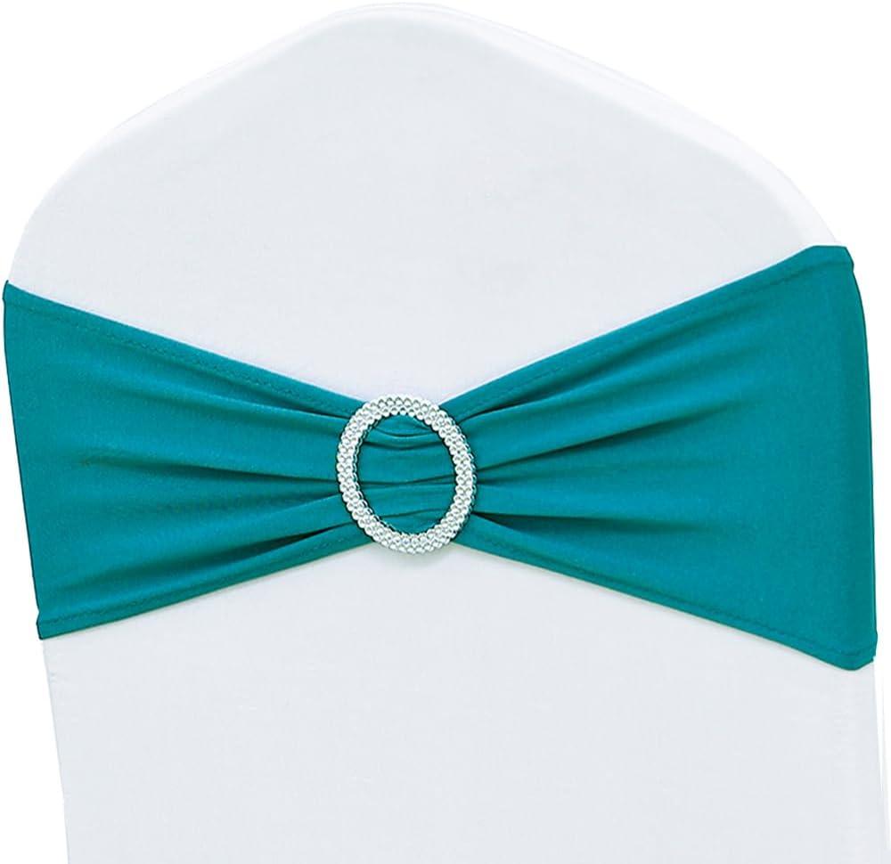 50 Pack Spandex Turquoise Chair Sashes Bows Stretch Teal Chairs Bands with Buckles Universal Elastic Chair Ties for Party Celebration Ceremony Events Wedding Decorations