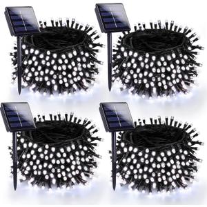 4 Pack 180FT Solar Christmas Lights Outdoor Waterproof, Super Bright 320 LED Solar String Lights with 8 Lighting Modes, Green Wire Solar Twinkle Fairy Lights for Outside Tree Xmas Party(Cool White)