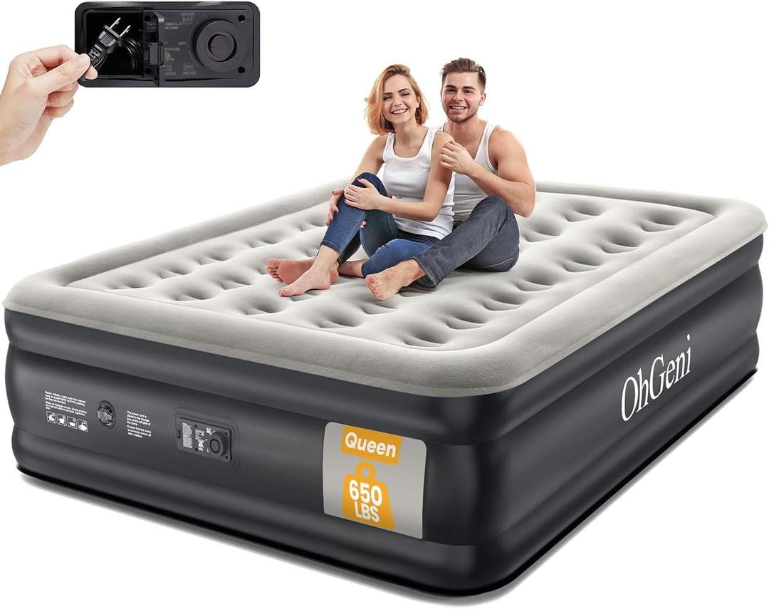 OhGeni Queen Air Mattress with Built in Pump, 18 Raised Comfort Inflatable Mattress, Quiet Surface Portable Blow Up Mattress, Air Bed for Home and Guest, Colchone Inflable, 650 lbs Max (Black)