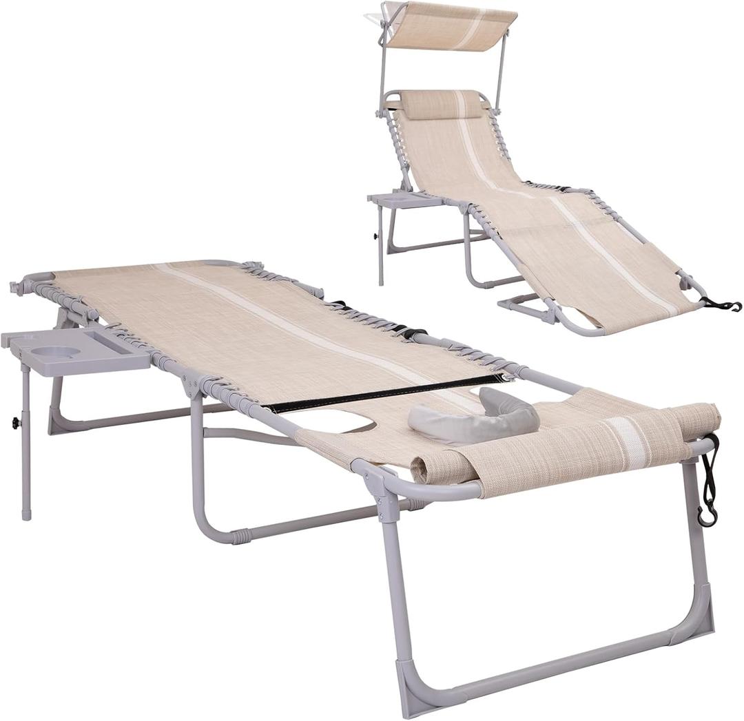 #WEJO 4-in-1 Tanning Chair with Face Hole and Side Table - 5-Position Face Down Folding Chaise Lounge with Canopy Shade & Cup Holder - Portable Heavy Duty Tanning Bed for Beach, Pool, Patio (Khaki)