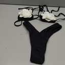 Verdusa Women's 2 Piece 3D Floral Halter Bikini Sets String High Cut Thong Bathing Suits (Black, XS)