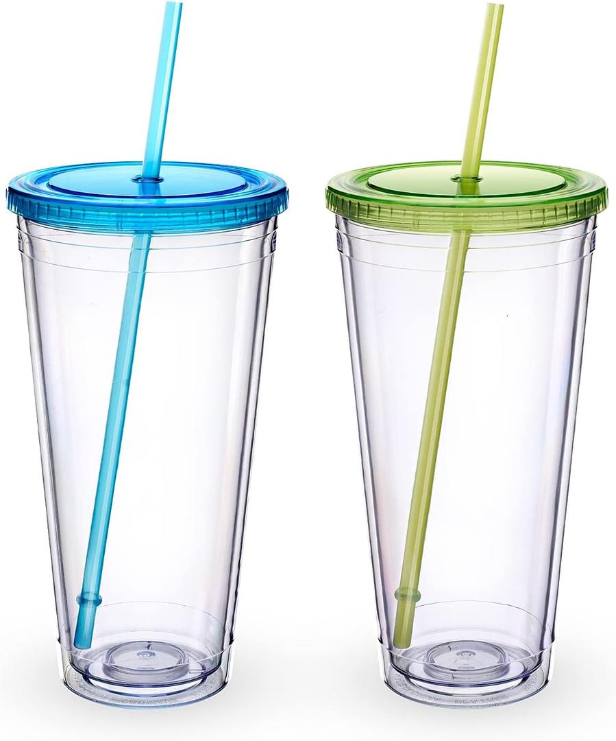 Zukro Clear Acrylic Tumbler with Straw and Lid 32 oz, Double Walled Insulated Reusable Plastic Iced Coffee Cup, To Go Cup Perfect for Parties, Birthdays, Fit in Cupholder, BPA Free, 2 Pack (Blue & Lime)