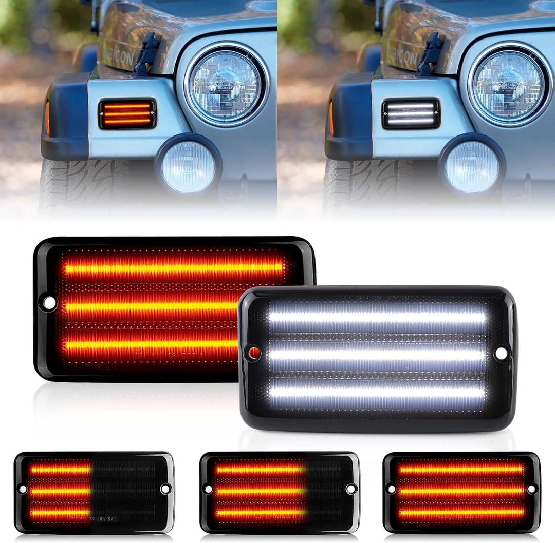 LED Sequential Front Turn Signal Lights White DRL for 1997-2006 Jeep Wrangler TJ, Smoked Lens Bumper Dynamic Amber Blinker Corner Lamps