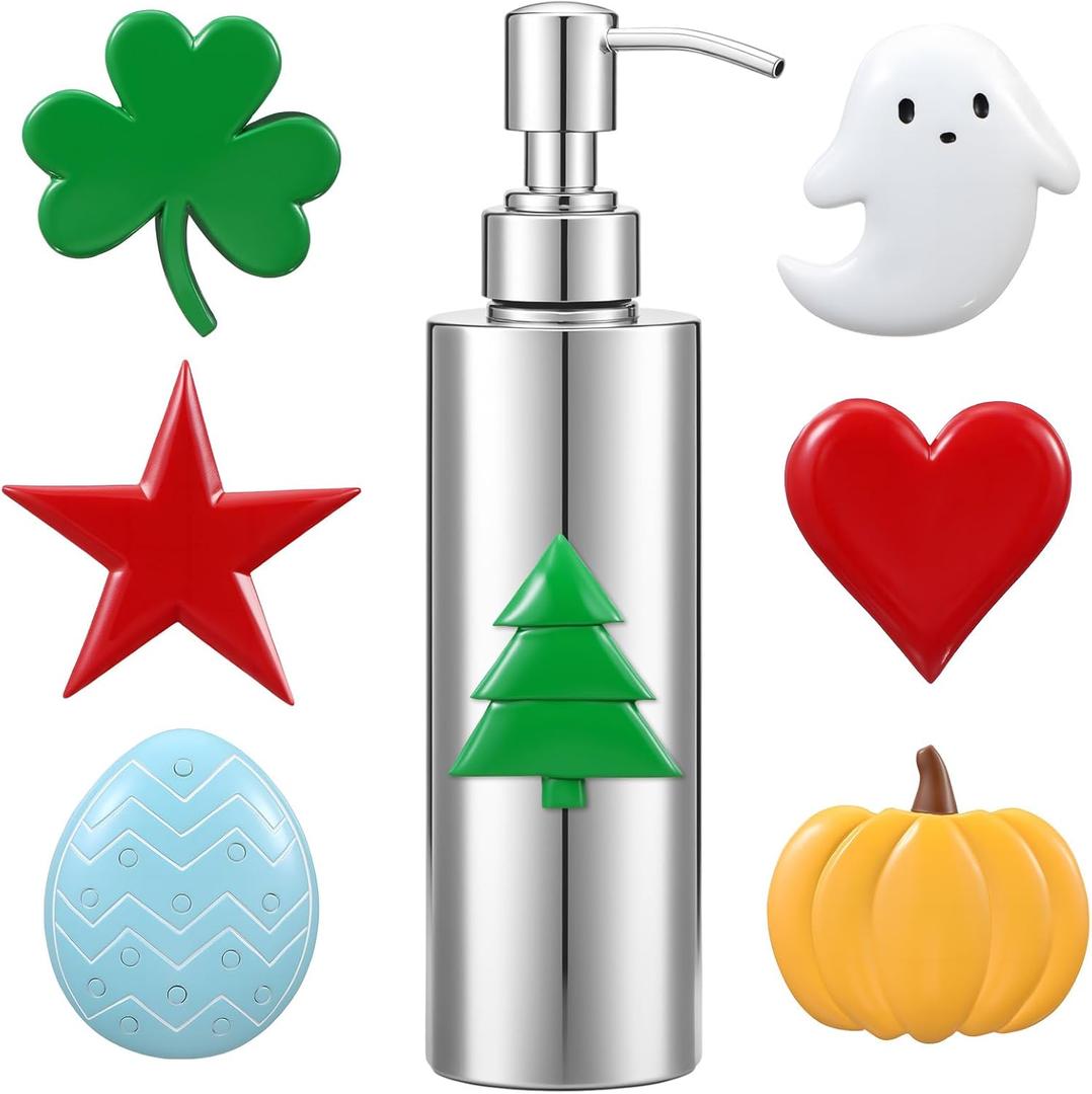 Seasonal Holiday Christmas Soap Dispenser with 7 Interchangeable Seasonal Holiday Magnets Resin Stainless Steel Lotion Soap Dispenser for Farmhouse Kitchen Bathroom Accessories Christmas