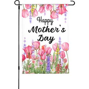 Happy Mothers Day Garden Flag for Outside Double Sided Spring Summer Love Mom Welcome Floral Burlap 12x18 Inch Vertical Yard Lawn Outdoor Decoration