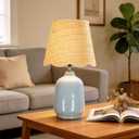 Pia Ricco 19" Modern Ceramic Table Lamp for Living Room Light Bule Base Desk Lamps for Bedroom Farmhouse Bedside Nightstand Lamp End Table Lamps,Sky Bule,Rattan Shade