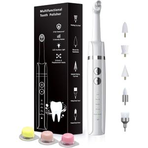 Tooth Polisher, Rechargeable Tooth Whitening Kit for Teeth Cleaning and Whitening, with 3 Tooth Polish Paste and 5 Brush Heads, LED Light, Easy to Use at-Home Personal Dental Care Kit