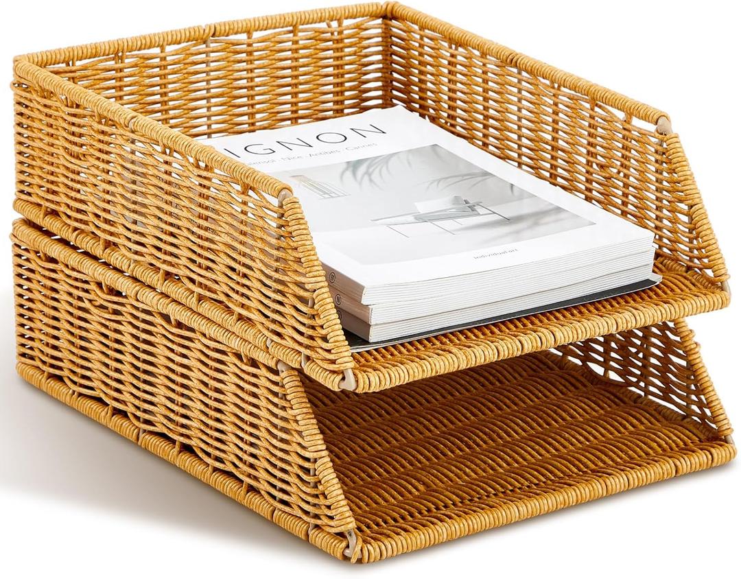 Yeaqee 2 Pcs Paper Tray Organizer for Desk Woven Letter File Organizer A4 File Tray Desk Paper Basket Letter Size Imitation Rattan Holder Organization Rack for Office Storage(Brown,Sleek Style) Yeaqee 2 Pcs Paper Tray Organizer for Desk Woven Letter File Organizer A4 File Tray Desk Paper Basket Letter Size Imitation Rattan Holder Organization Rack for Office Storage(Brown,Sleek Style)