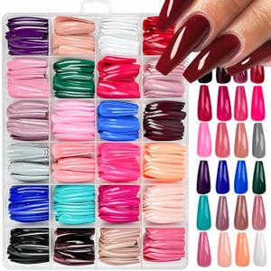 576Pcs Long Press on Nails Coffin Fake Nails Solid Color False Nails Full Cover Glossy Acrylic Glue on Nails 24 Color Reusable Artificial Nail Stick on Nail for Women Manicure