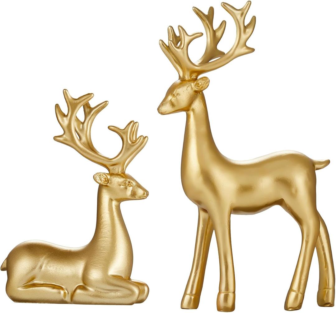 2PCS Carved elk Statue Resin Ornaments, Christmas Reindeer Fortune Seeking Decoration Modern Retro Art Standing and Sitting Posture, Applicable to Living Room and Bedroom (Pure Gold)