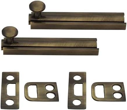 QCAA Solid Brass Surface Bolt, 4", Antique Brass Brushed, 2 Pack, Made in Taiwan