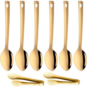 Stainless Steel Flatware Set of 8, 13-Inch Long Handle Gold Buffet Serving Spoons and 9-Inch Barbecue Tongs for Banquet