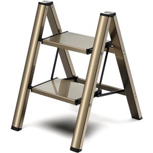 2 Step Ladder, Folding Step Stool with Wider Pedal, Anti-Slip Feet & Non Slip Stripes, Aluminum Sturdy Material, 300Lbs Capacity, Elegant Look of Champagne Gold Better Matches Your Home