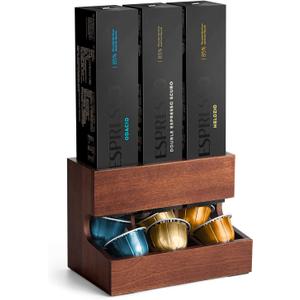 Wood Pod Dispenser Designed for Nespresso Vertuo Capsules, Freestanding Countertop Pods Rack, Coffee Pods Holder for Home or Office Kitchen Counter, Dispenses 3 Coffee Flavors (Brown)