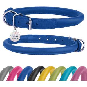 Rolled Leather Dog Collar Soft Round Collars, ID Tag for Small Medium Large Dogs (9-12 inch, Royal Blue)