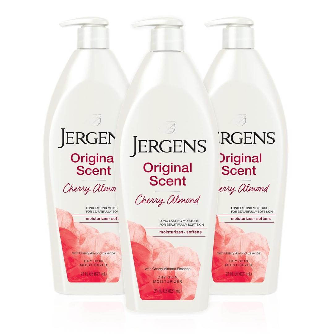Jergens Original Scent Dry Skin Body Lotion, Hand and Body Moisturizer, Cherry Almond Essence, Dermatologist Tested, 21 Oz, Pack of 3