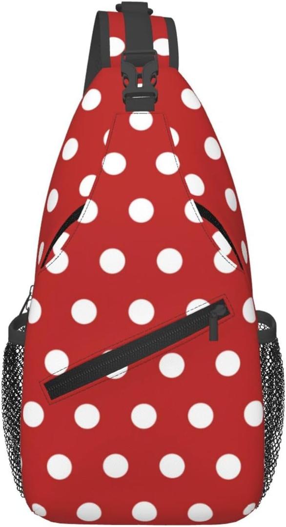 Polka Dots Crossbody Sling Bags for Women Men Abstract White Small Circle Dot on Red Background Travel Sling Backpack Casual Shoulder Bag Dice Design Dot Pattern Gym Sports Hiking Daypack