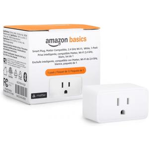 Amazon Basics Smart Plug, Matter Compatible, Compatible with Amazon Alexa, Google Home, Apple HomeKit, Matter Hub Required, 2.4 GHz Wi-Fi only, White, 1-Pack