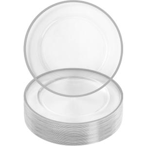 Goodluck 12 Inch Silver Charger Plates, 50 Pack Clear With Silver Trim, Disposable Plastic for Dinner, Wedding, Party