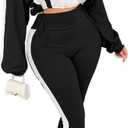 Vssjavun Women 2 Piece Outfit Color Block Long Sleeve Zip Drawstring Cropped Jacket Bodycon Long Pants Set Sweatsuit (Black, L)