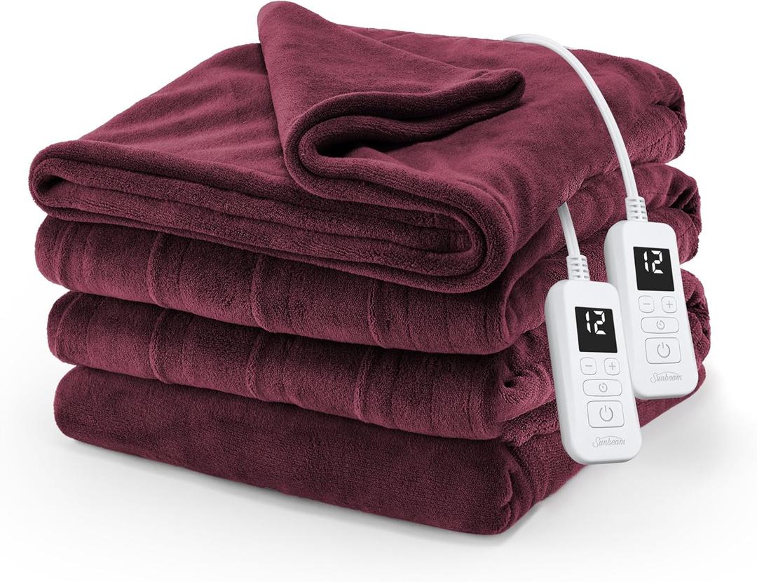 Sunbeam Electric Royal Luxe Microplush Heated Blanket, 12 Heat Settings, 12-Hour Auto Shut-Off, Fast Heating, Warm & Cozy, Machine Washable, Cabernet Color, Queen (90" x 84")