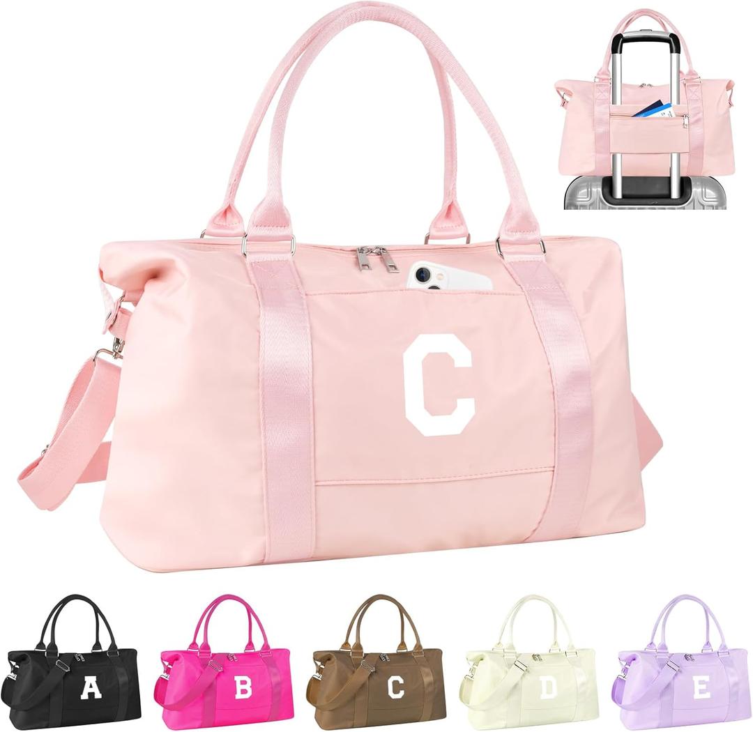Dance Gym Duffel Bag Gifts for Girls Teen,Personalized Initial Travel Weekender Bag Cute Overnight Carry On Cheer Dance Duffle Bagfor Women,Sports Travel Monogram Birthday Christmas Gifts(Letter C) (Pink)