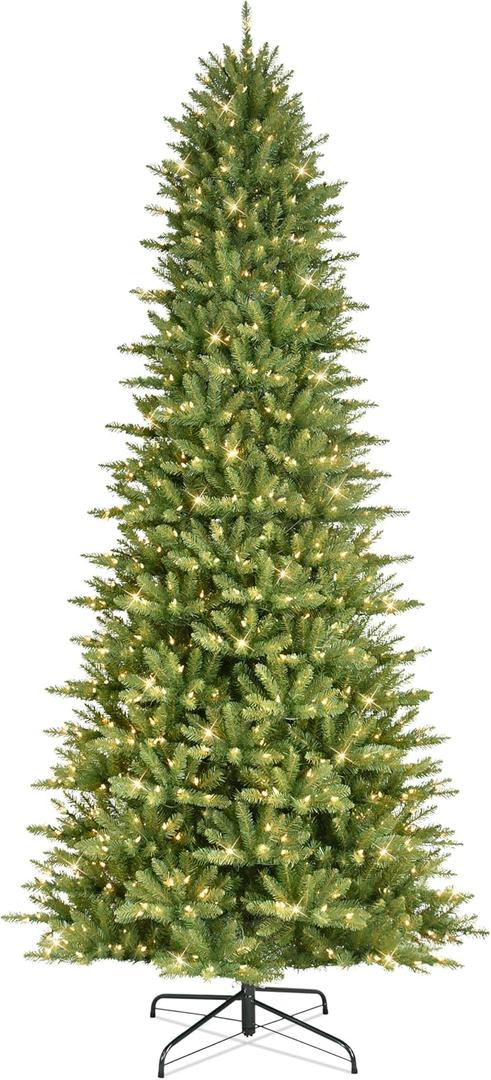 Puleo International 10ft Pre-Lit Slim Fraser Christmas Tree with 900 Clear Lights, 2557 Realistic Dense Branch Tips, Easy Setup Artificial Trees with Sturdy Metal Stand