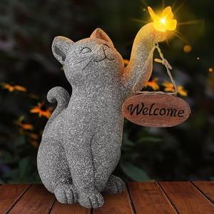 Hahood Solar Cat Garden Statue Outdoor Decor Cat Figurine with Butterfly Clearance Welcome Sign for Yard Lawn Ornaments Porch Patio Balcony Housewarming Unique Birthday Gifts for Grandma Mom Women
