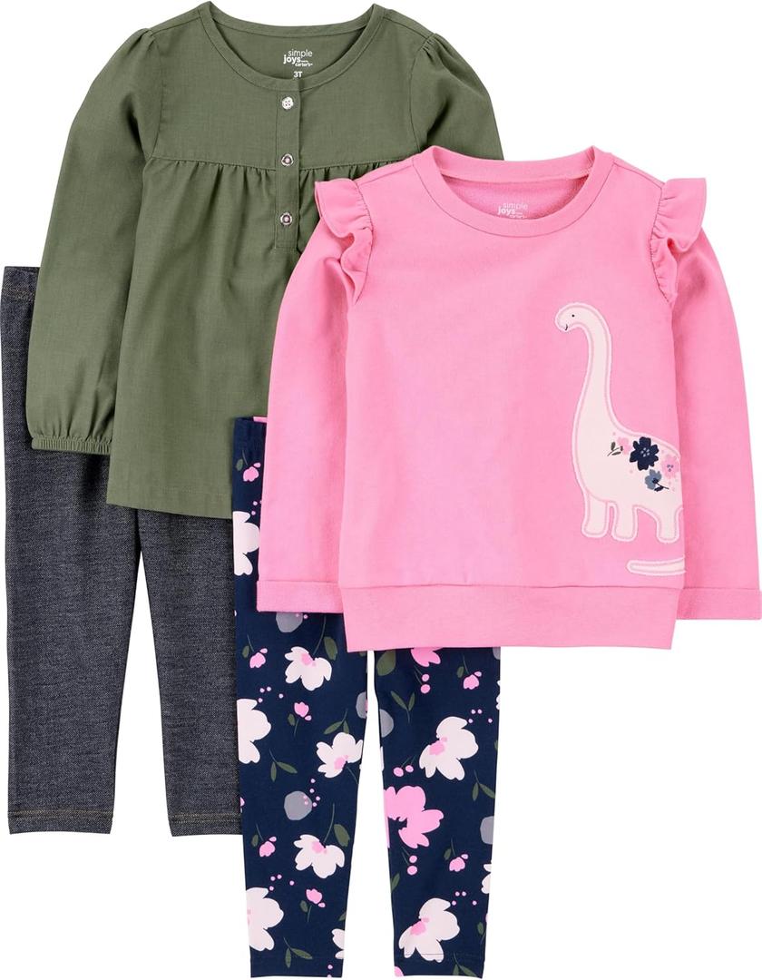 Simple Joys by Carter's girls 4-piece Playwear Set (2T, Black/Navy Floral/Olive/Pink Dinosaur)