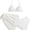 SHENHE Girl's 3 Pieces Halter Triangle Bikini Sets Spaghetti Strap Swimsuit Smocked Bathing Suit with Beach Skirt