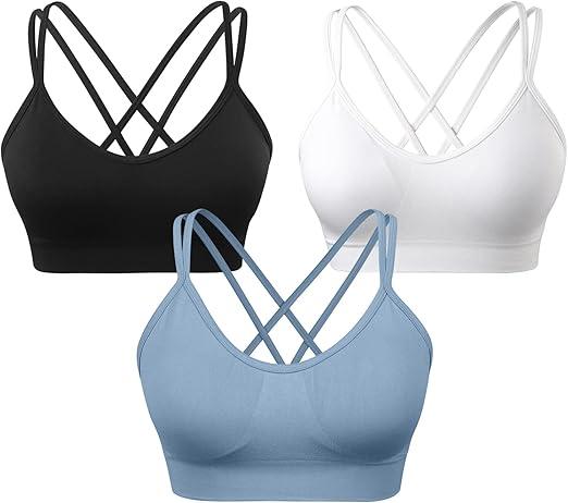 Women's Cross Back Sports Bra Padded Strappy Medium Support Yoga Bra for Workout Fitness 3 Pack (Blue, White, Black) Medium