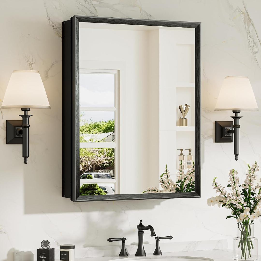 20 x 26 Mirror Medicine Cabinet for Bathroom, Assembly Required, Black Recessed Medicine Cabinet with Mirror, Steplessly Adjustable Shelves, Beveled Aluminum Frame, Tempered Glass
